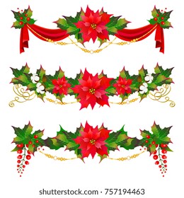 Christmas garland with poinsettia and cotton flowers, isolated on a white