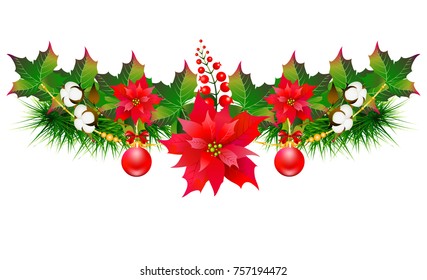 Christmas garland with poinsettia and cotton flowers, isolated on a white