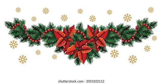 Christmas garland, poinsettia flowers, branches of a Christmas tree, red beads, snowflake. Christmas decor, New Year card, banner, poster.