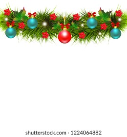 Christmas garland with poinsettia and red ribbons ,isolated on a white