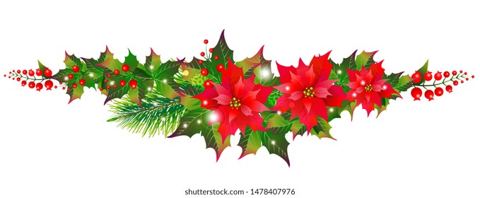 Christmas garland with poinsettia and red ribbons ,isolated on a white