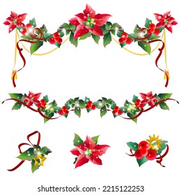 Christmas garland with poinsettia and red ribbons ,isolated on a white