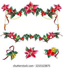 Christmas garland with poinsettia and red ribbons ,isolated on a white