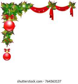Christmas garland with poinsettia and red ribbons ,isolated on a white