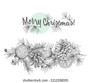 Christmas garland Realistic Botanical ink sketch of fir tree branches with pinecone isolated on white background. Good idea for design invitations, greeting postcards, banner Vector illustrations
