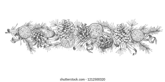 Christmas garland Realistic Botanical ink sketch of fir tree branches with pinecone isolated on white background. Good idea for design invitations, greeting postcards, banner Vector illustrations