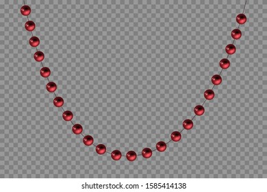 Christmas garland of red beads on a transparent background. Christmas tree decoration, balls, fireflies. Vector, illustration, new year, christmas.