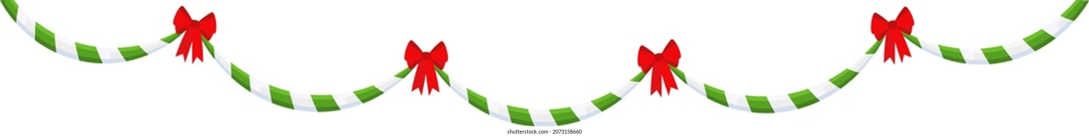 Christmas garland with red bow and strip ribbon. Bright festive frame, border and edging. Decor for greeting cards for Christmas and New Year. Congratulation, celebration invitation, card.
