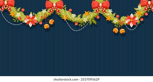 Christmas Garland with Red Bows, Bells, and Stars. Decorative garland design for holidays on a dark blue background