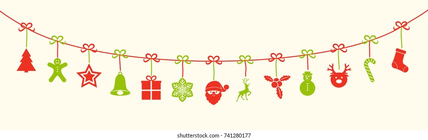 Christmas garland with red and green decorations. Vector.