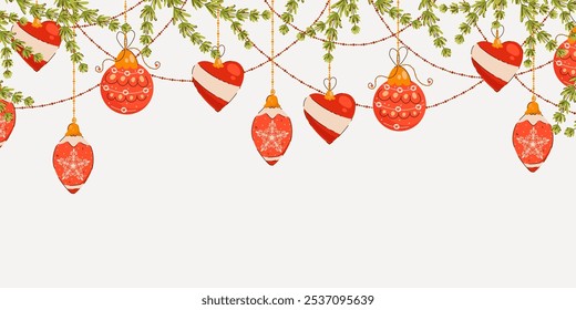 Christmas Garland with Red Hearts and Bauble Ornaments. Festive Hanging Decorations with Pine Branches and Beads