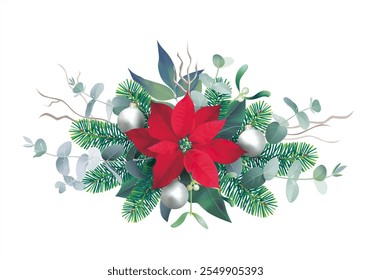 Christmas garland with red poinsettia, eucalyptus, fir branches and Christmas balls. Festive floral decoration isolated on white. Vector illustration.