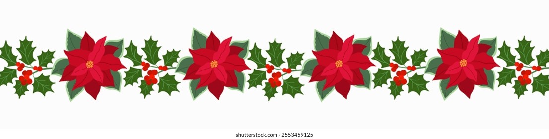 Christmas garland with red poinsettia and holly with red berries. Festive traditional decoration. Hand drawn vector illustration isolated on white background, modern flat cartoon style.