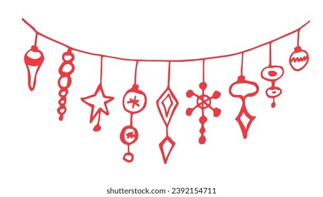 Christmas garland scribbles clipart. Hand drawn winter doodles line art. Red outline vector illustration.