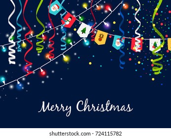 Christmas garland with serpentine and multi-colored lights on blue background. Bunting garlands and ribbons fun elements vector illustration