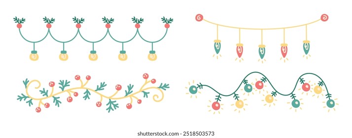 Conjunto de Garland de Natal. Elementos desenhados à mão. Para postais, padrões e banners. Natal e Ano Novo. Ilustração em vetor isolado.