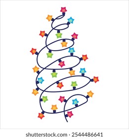 Guirnalda de Navidad en forma de árbol de Navidad. Bombillas de colores. Decoración para el árbol de Navidad. Ilustración vectorial sobre fondo blanco.