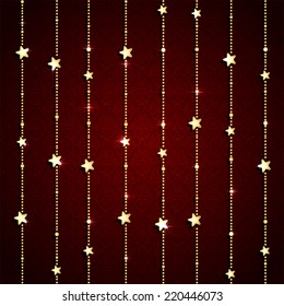 Christmas garland with shiny stars on red seamless background, illustration.