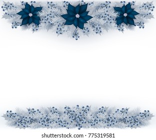 Christmas garland with silver color fir branches, blueberries and blue poinsettia. Vector illustration.