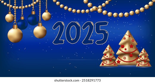Christmas Garland Star balls Gradient Mesh Vector Illustration Xmas greeting card Merry Christmas Numbers 2025 Blue vibrant background Winter holiday template Magic mood Gold new year trees