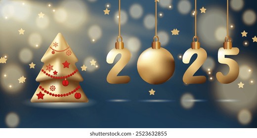 Christmas Garland Star balls Gradient Vector Illustration Xmas greeting card Merry Christmas Numbers 2025 like ornament Blue vibrant background Winter holiday template Magic mood Gold new year trees