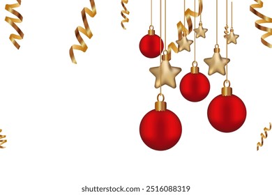 Christmas Garland Star bokeh glitter beads Gradient Mesh Vector Illustration Greeting card red balls golden stars serpentine hanging Isolated background Winter holiday design template Copy space