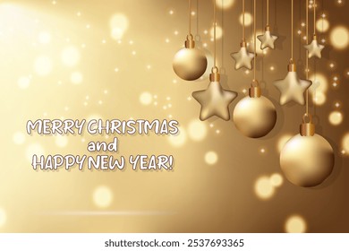 Christmas Garland Star bokeh glitter Gradient Mesh Vector Illustration Greeting card golden stars hanging Shining background Winter holiday design template Merry Christmas and Heppy New Year Text