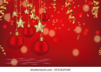 Christmas Garland Star glitter bokeh Gradient Mesh Vector Illustration Xmas greeting card Ruddy golden stars balls hanging  Copy space Red vibrant background Winter holiday template