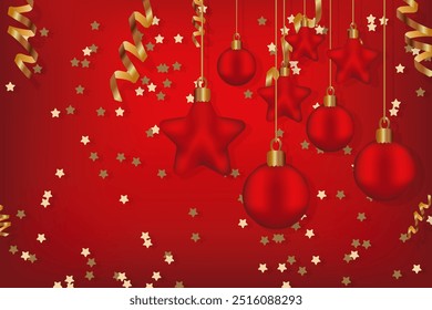 Christmas Garland Star glitter bokeh Gradient Mesh Vector Illustration Xmas greeting card Ruddy stars balls hanging Golden serpentine Copy space Red vibrant background Winter holiday template