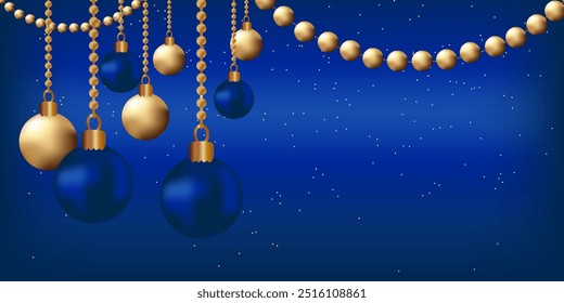 Christmas Garland Star glitter bokeh Gradient Mesh Vector Illustration Xmas greeting card golden blue balls beads hanging Copy space Blue vibrant background Winter holiday template Magic mood