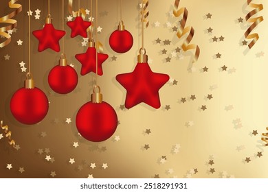 Natal Garland Star glitter bokeh Gradiente Malha Vetor Ilustração Xmas cartão de saudação Ruddy estrelas vermelhas bolas penduradas dourado serpentine brilho Copiar espaço Fundo dourado Modelo de feriado de inverno