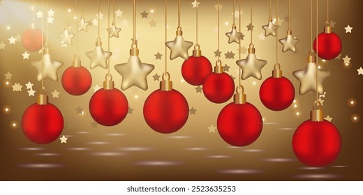 Natal Garland Star glitter bokeh Gradiente Mistura Vetor Ilustração Xmas cartão de saudação Ruddy vermelho estrelas bolas pendurando dourado brilhante Espaço de cópia Iluminação fundo inverno modelo de feriado