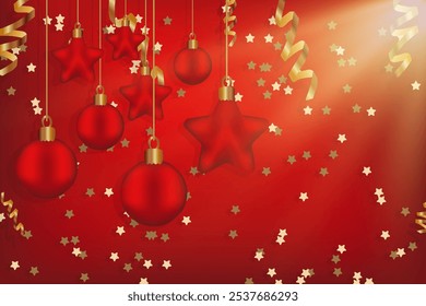 Christmas Garland Star glitter bokeh Gradient Mesh Xmas greeting card Ruddy stars balls hanging Golden serpentine Copy space Red vibrant background Winter holiday template Shining lights