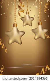 Christmas Garland With Star serpentine glitter beads Gradient Mesh Vector Illustration Vertical greeting card golden stars hanging Light gold background Copy space