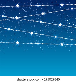 Christmas garland with stars and falling snow on blue background, illustration.