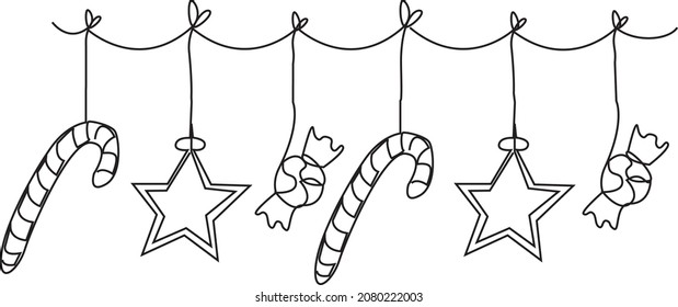 Christmas garland with stars, sweets and sweets. Vector illustration of line art. New Year's illustration one line design element.