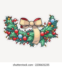 Christmas garland sticker, xmas omela stickers isolated decoration. Winter collection