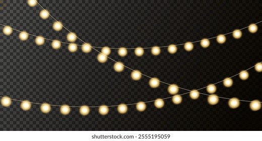 Christmas garland straight, wave, glowing yellow bulbs. Decor for New Year, wedding, birthday, events and parties. Set of different garlands for use in advertising invitations, web banners.