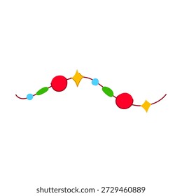 Christmas garland string featuring red circular beads, green oval elements, blue small beads, and yellow sparkling stars, presenting a festive and decorative design