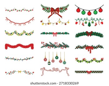 Christmas Garland e String luzes conjunto de borda. Coleção de Vetor de Balas Penduradas, Meias e Holly Dividers para Decoração Web de Feriado.