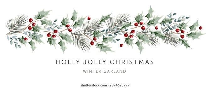 Christmas garland, text, white background. Green holly, pine twigs, red berries. Winter nature design. Vector illustration. Greeting banner template. Xmas forest