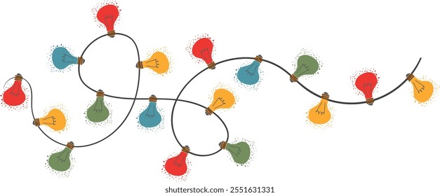 Christmas garland in trendy groovy retro style. String of colorful holiday lights. Happy New year and Merry Christmas pattern. 70s Vibes groovy garland. Vector Illustration. For greeting card design.