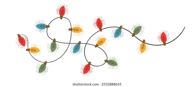 Christmas garland in trendy groovy retro style. String of colorful holiday lights. Happy New year and Merry Christmas pattern. 70s Vibes groovy garland. Vector Illustration. For greeting card design.