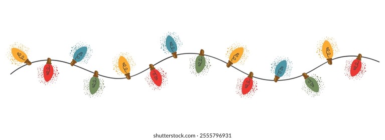 Christmas garland in trendy groovy retro style. String of colorful holiday lights. Happy New year and Merry Christmas pattern. 70s Vibes groovy garland. Vector Illustration. For greeting card design.