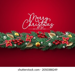 Christmas garland vector background design. Merry christmas greeting text in red space with pine tree branches for holiday season decoration. Vector illustration. 