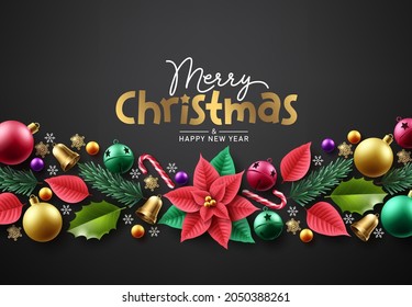 Christmas garland vector background design. Merry christmas greeting text with xmas ornament elements for holiday season card decoration. Vector illustration. 