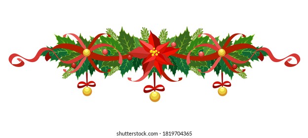 Christmas garland. Vector frame, border, decoration for holiday cards, invitations, banners. Holly leaves, Christmas star flower and bells isolated on a white background. X-mas display decoration.