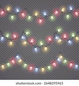 Vetor de guirlanda de Natal. Lâmpadas de corda brilhantes em vermelho, verde, amarelo e azul para decoração de festas de inverno. Banner de férias realista com lâmpadas iluminadas e fundo transparente no design festivo