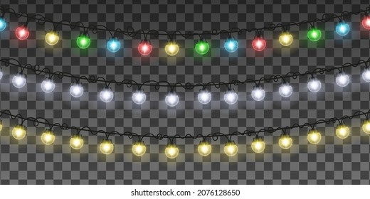 Christmas garland. Vector transparent light effect. Xmas lights isolated realistic decor. Red, blue, green, yellow, white lamps. EPS 10