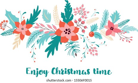 Christmas garland vector Vintage christmas star flower berries, twigs fir branch leaves Floral new year decoration